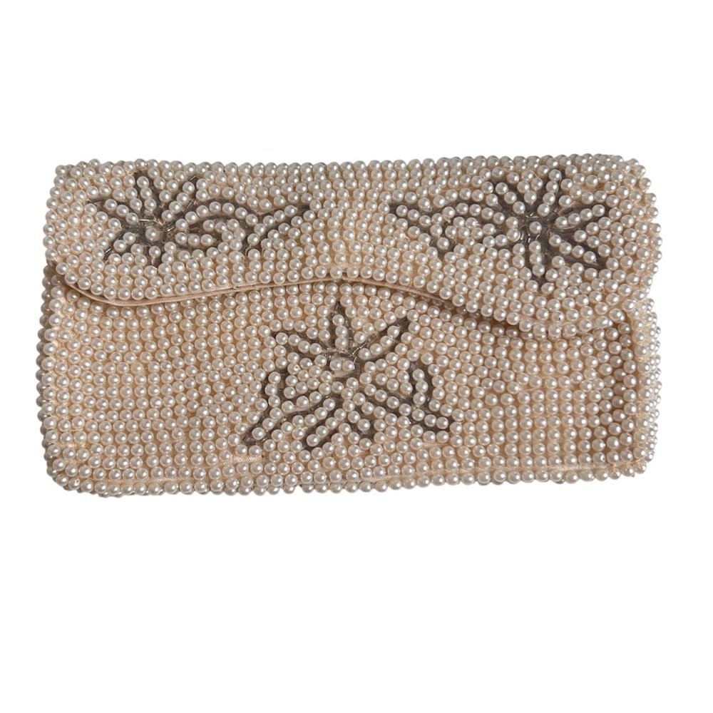 VTG Faux Pearl Beaded Clutch Purse Floral Detail Snap Close Satin Lined Japan